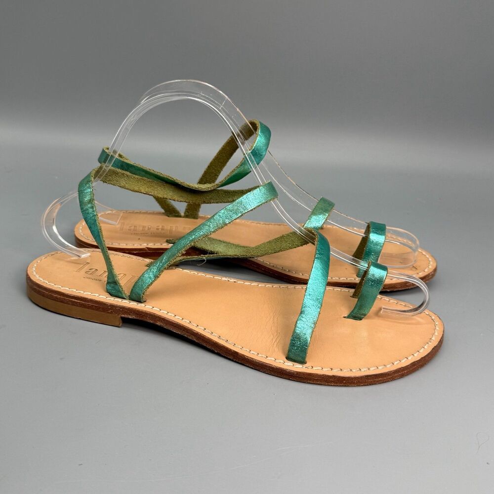 Lanapo Monterosso Women's 9.5 Green Brown Leather Slip-On Thong Sandals Comfort